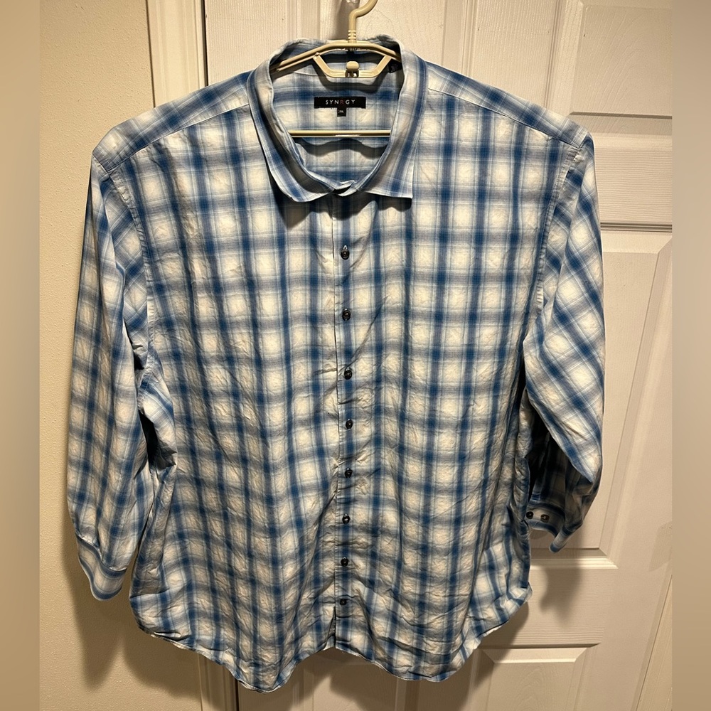 Synergy Men’s Casual Shirt Blue and White Plaid 5XL.